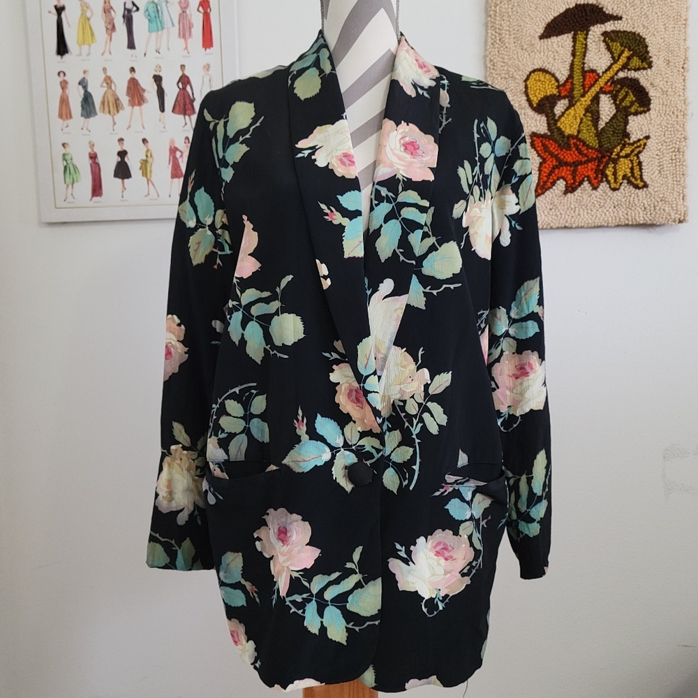 JM Shelli Segal | 80s Vintage Black + Light Pink Floral Blazer